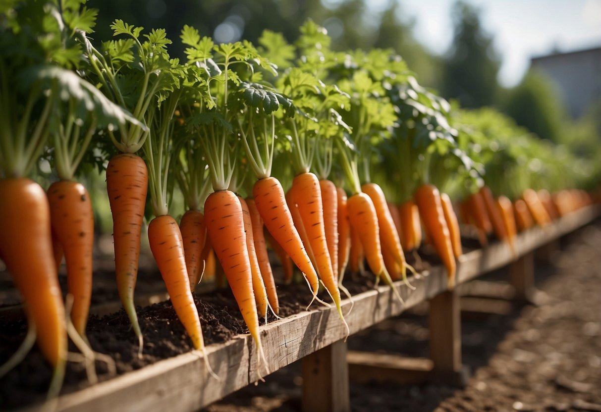 Vibrant carrots grow on wooden trellises in a well-tended garden