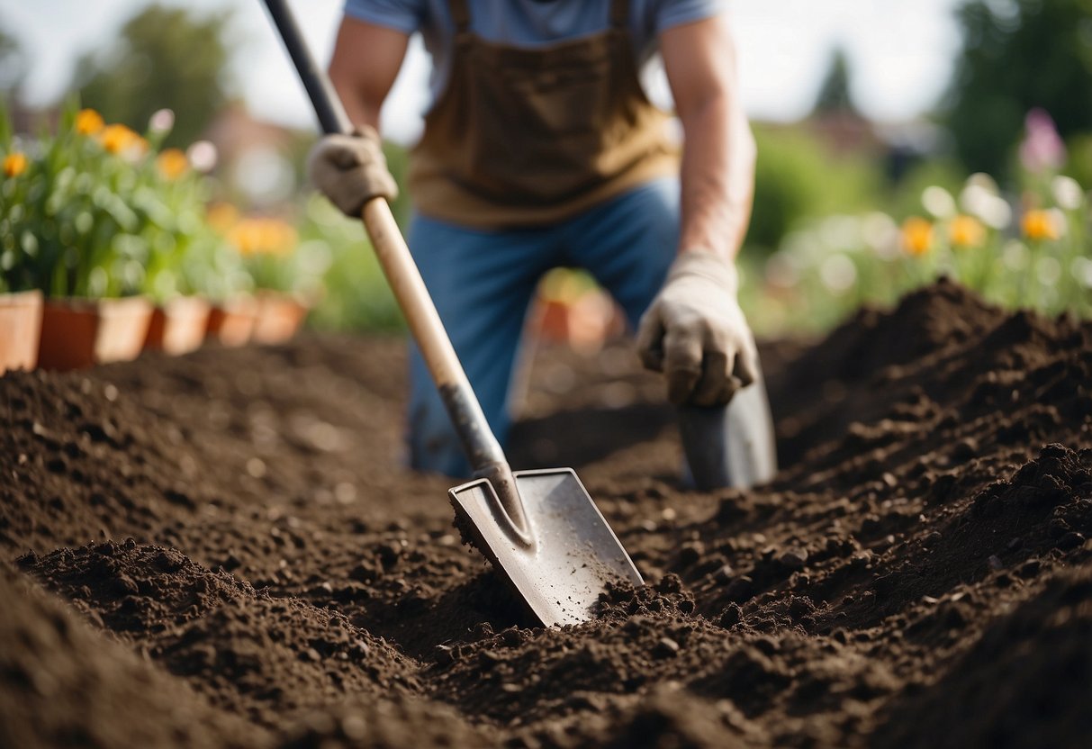 Rich, dark soil being turned and tilled with a garden hoe, ready for planting carrots. Compost and fertilizer bags nearby