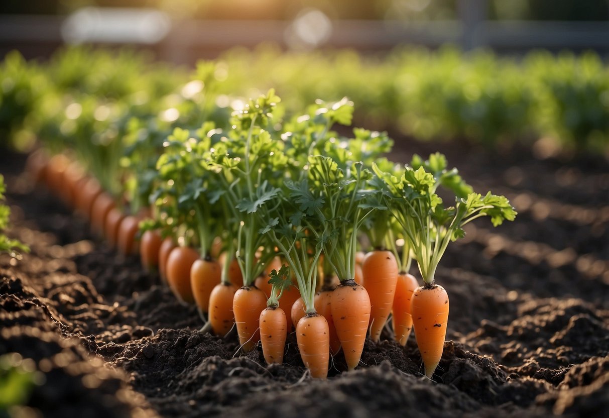 Carrot garden with drip irrigation, mulch, and raised beds for efficient watering