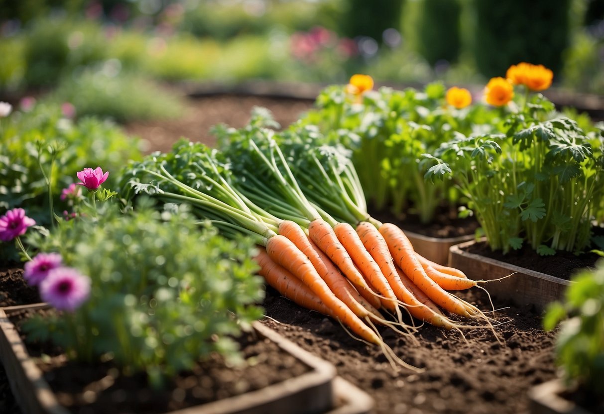 A sunny garden with rows of freshly planted carrots, surrounded by colorful flowers and greenery, with a sign displaying "Seasonal Planting Guide - Carrot Garden Ideas."