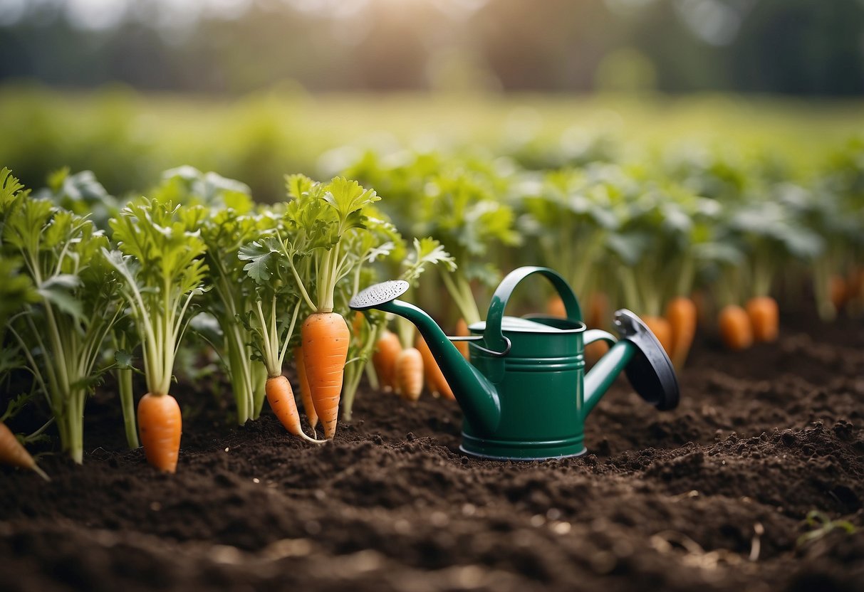 Carrots being planted in rows, surrounded by other vegetables, with a watering can nearby