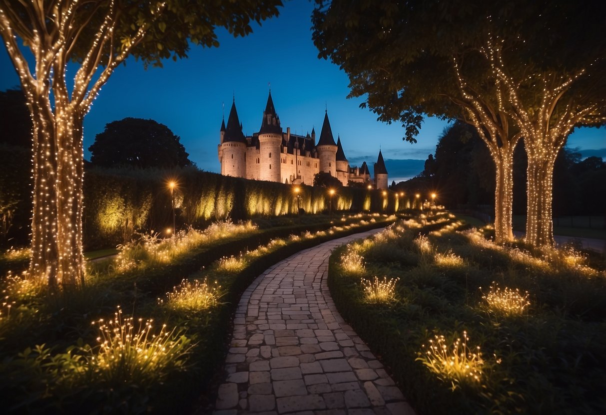 A winding pathway glows with twinkling fairy lights, leading to a majestic castle surrounded by enchanting gardens