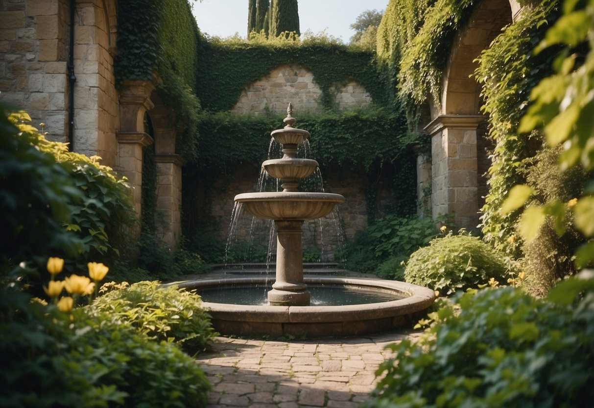 A stone fountain surrounded by lush greenery, flowers, and ivy-covered walls in a medieval castle garden