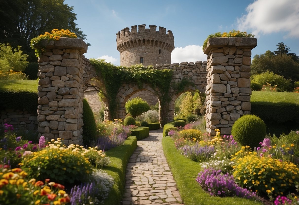 Stone archways frame a lush garden, with colorful flowers and winding paths. The castle looms in the background, adding a sense of grandeur to the scene