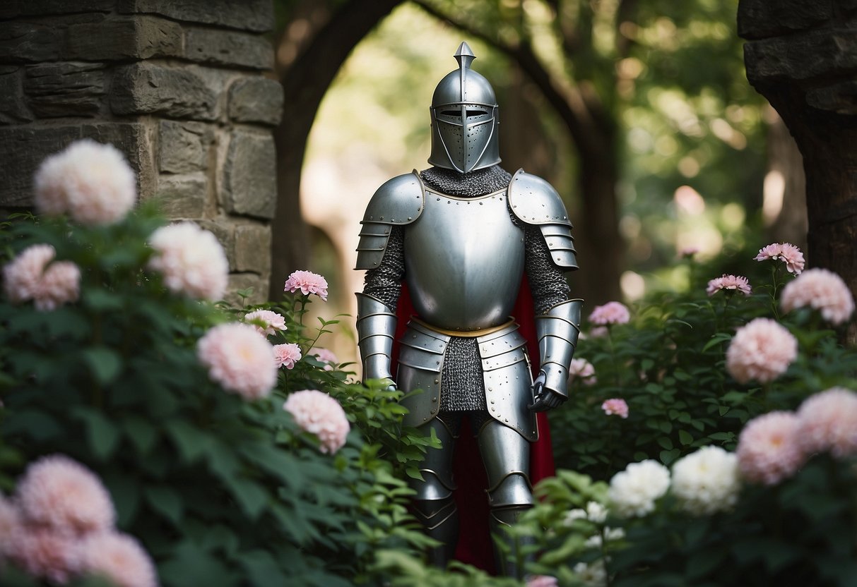 Shining knights' armor statues stand guard in a lush castle garden, surrounded by blooming flowers and towering trees