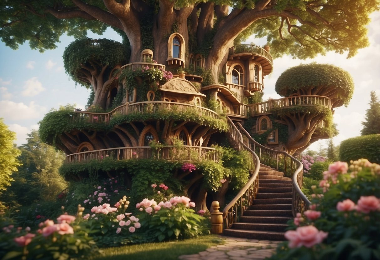 A towering treehouse castle nestled in a lush garden, surrounded by vibrant flowers and winding pathways