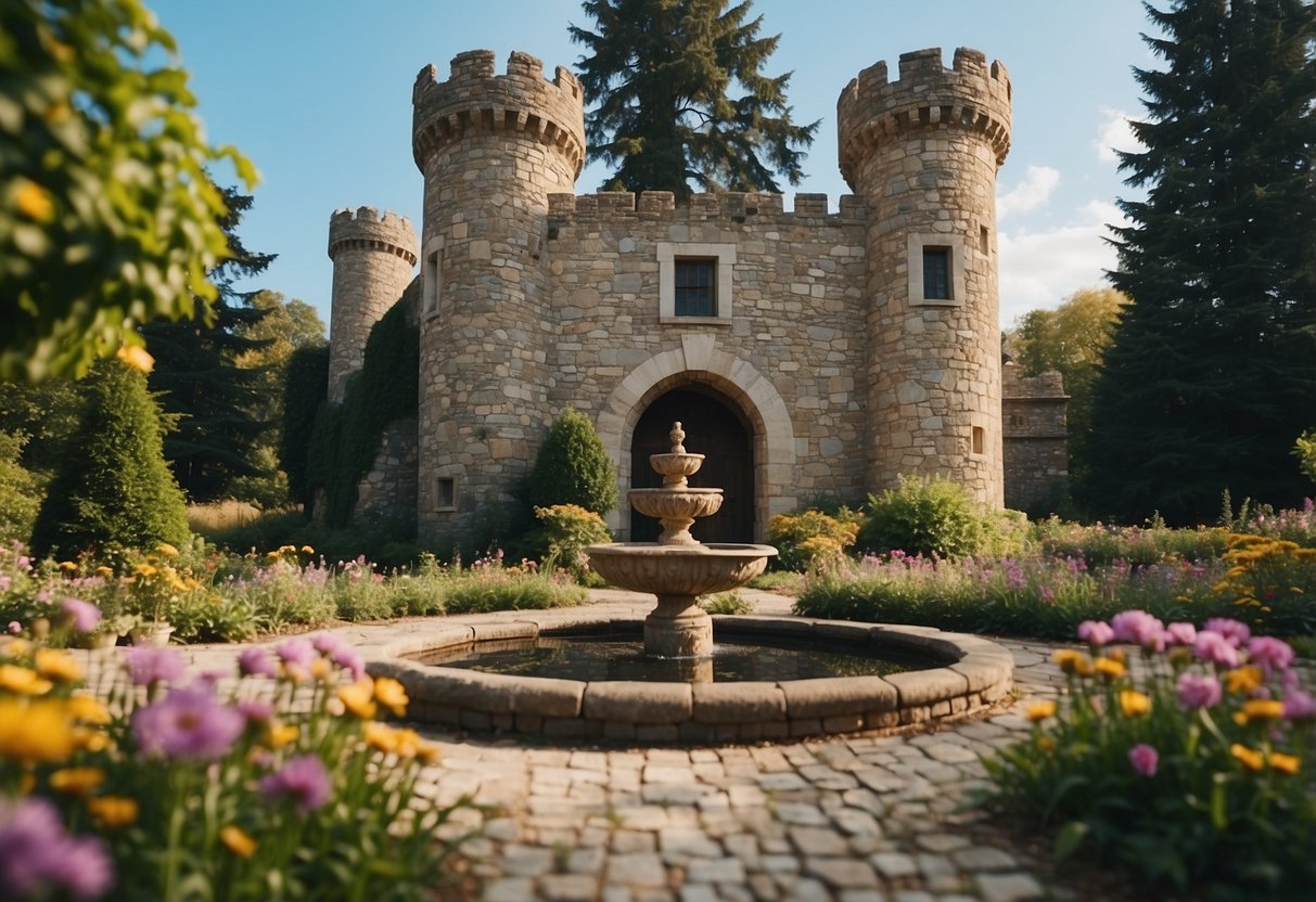 A stone castle with a grand wishing well surrounded by colorful flowers and lush greenery. Tall trees and a clear blue sky complete the serene garden scene