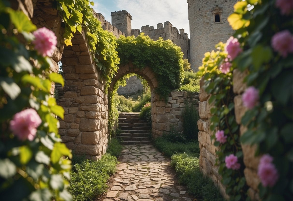 Lush vines climb the stone trellis, framing the castle wall. Colorful flowers bloom, adding beauty to the garden