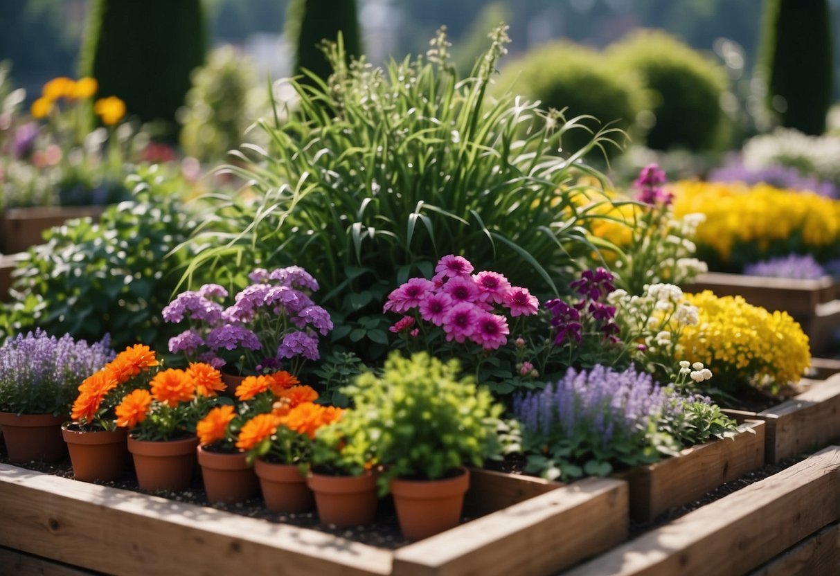 A variety of colorful flowers and lush greenery are carefully arranged in raised beds and decorative pots, creating a vibrant and visually appealing castle garden