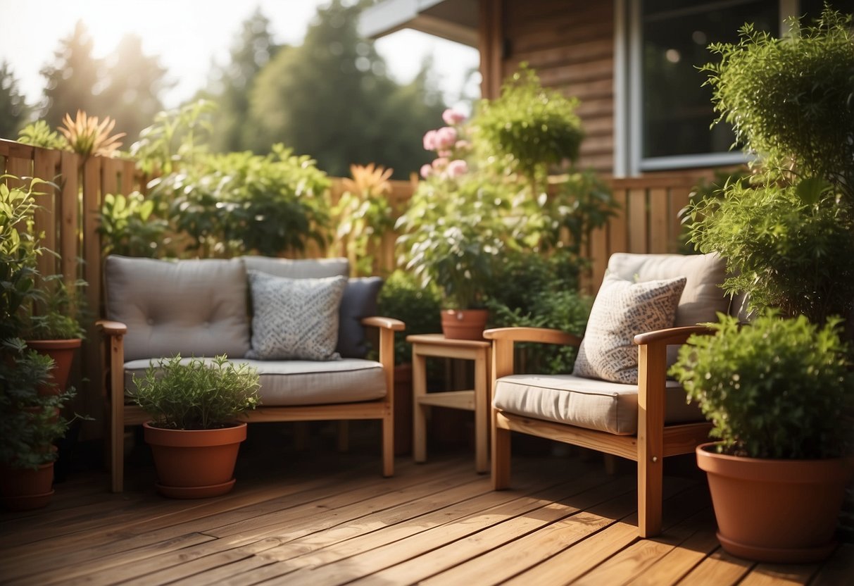 A sunlit cedar decking with potted plants and comfortable seating, surrounded by lush greenery and flowers