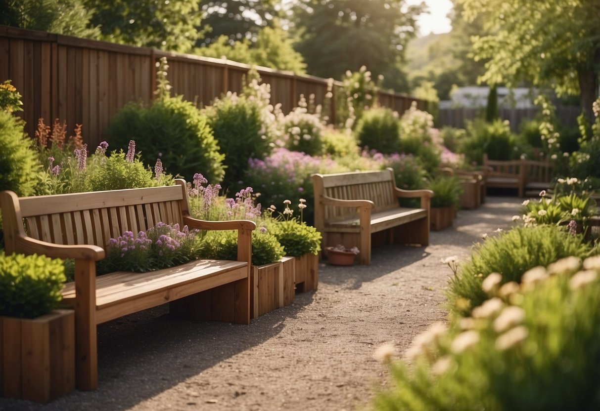 Lush garden with cedar planters, benches, and fencing. Birds chirping, bees buzzing around cedar flowers. Peaceful, natural oasis