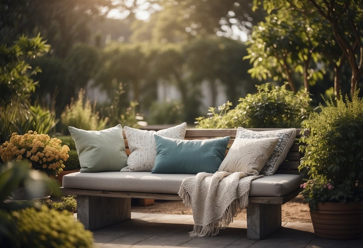 A cement bench in a garden, adorned with pillows and throws for comfort and style