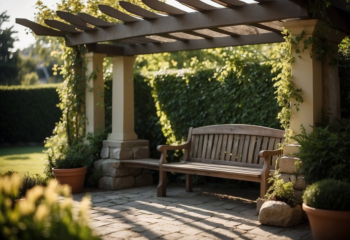 A cement bench is positioned beneath a pergola in a garden for a shaded retreat