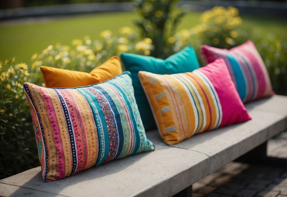 Colorful cushions adorn a cement bench in a garden, adding a vibrant touch to the outdoor space