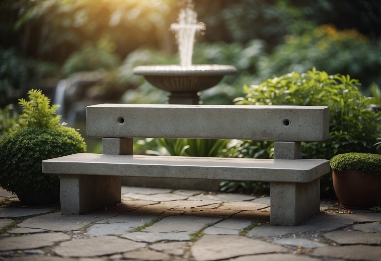 A cement bench sits near a tranquil water feature in a lush garden setting