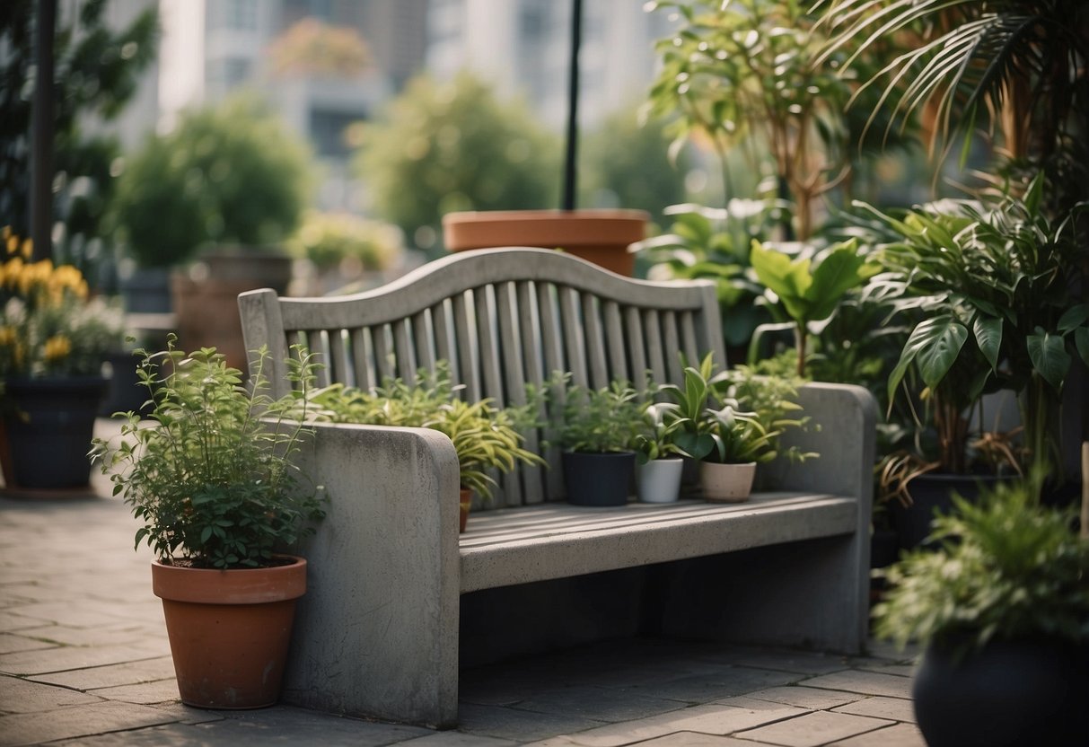 A cement bench is flanked by potted plants, creating a cozy garden environment