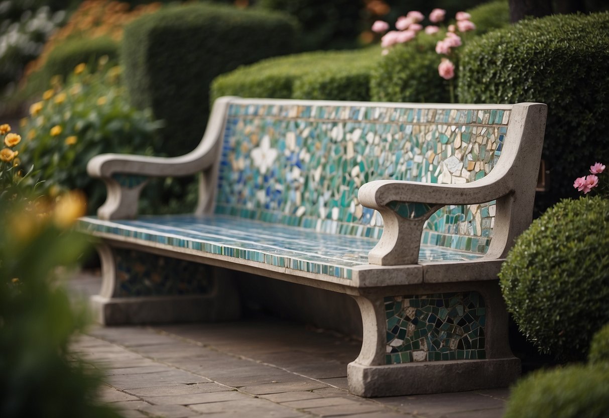 A cement bench in a garden with mosaic tiles embedded for artistic touch