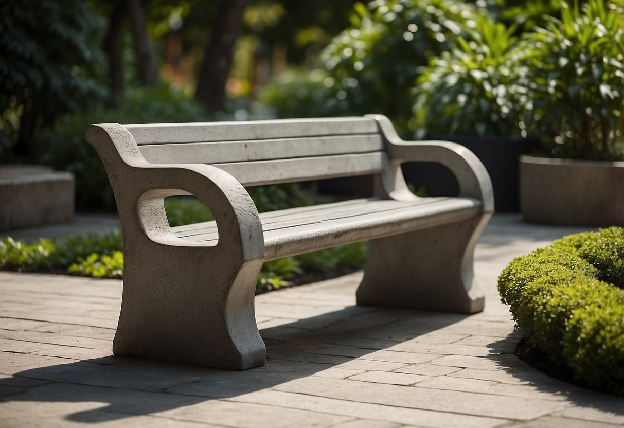 A cement bench with a backrest nestled in a lush garden, providing additional comfort for relaxation