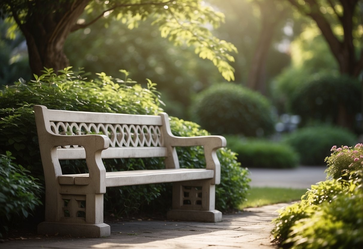 A cement bench sits nestled among lush greenery, offering a peaceful spot for relaxation and contemplation in the garden