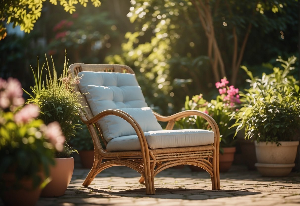 A rattan lounge chair sits in a lush garden, surrounded by vibrant greenery and blooming flowers. The sun shines down, casting dappled shadows on the chair's woven surface