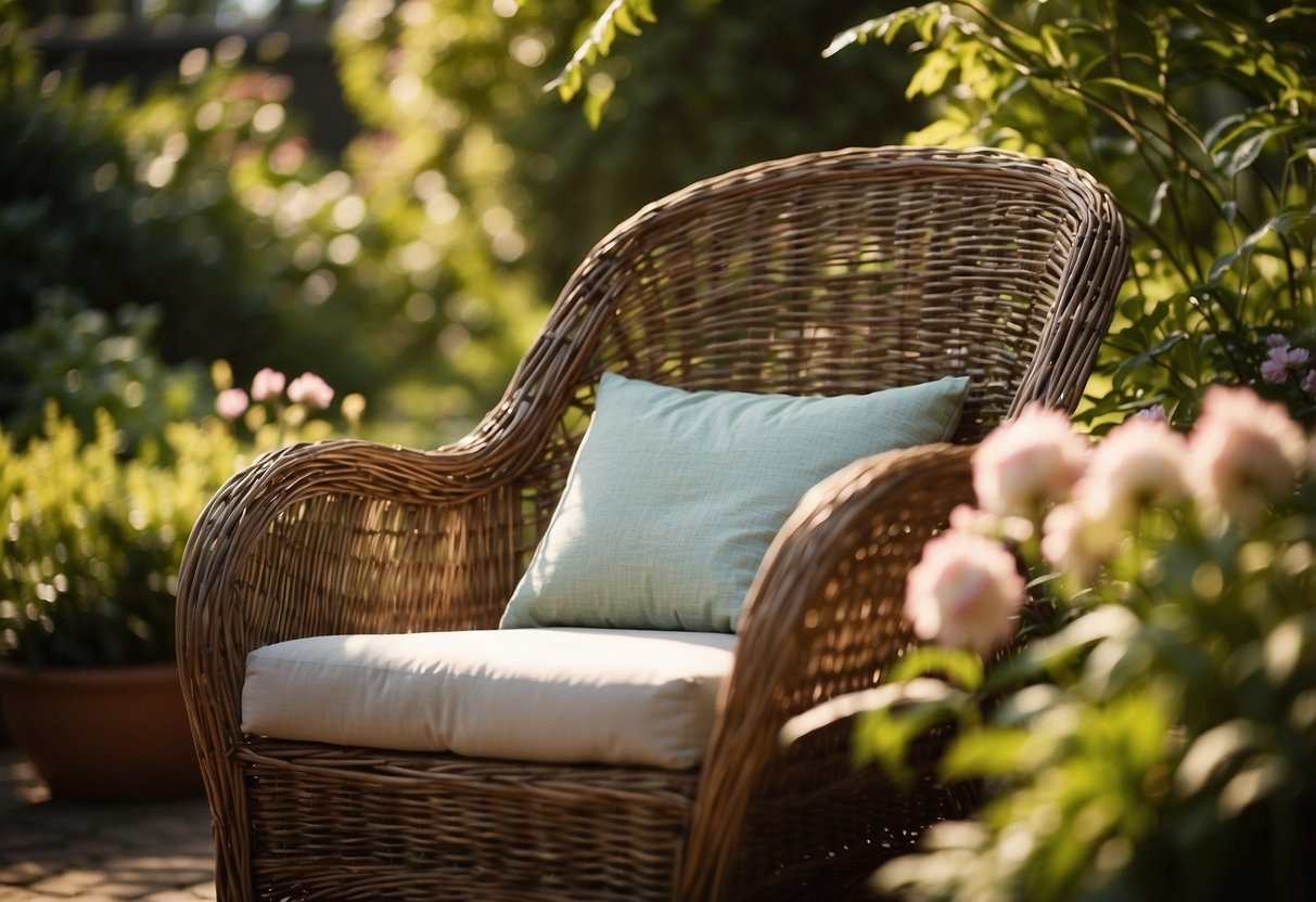 A wicker armchair sits in a lush garden, surrounded by blooming flowers and greenery. Sunlight filters through the leaves, casting dappled shadows on the chair