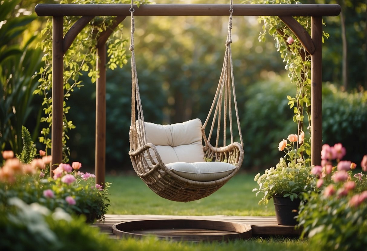 A swing chair hangs from a sturdy metal stand in a lush garden, surrounded by blooming flowers and greenery