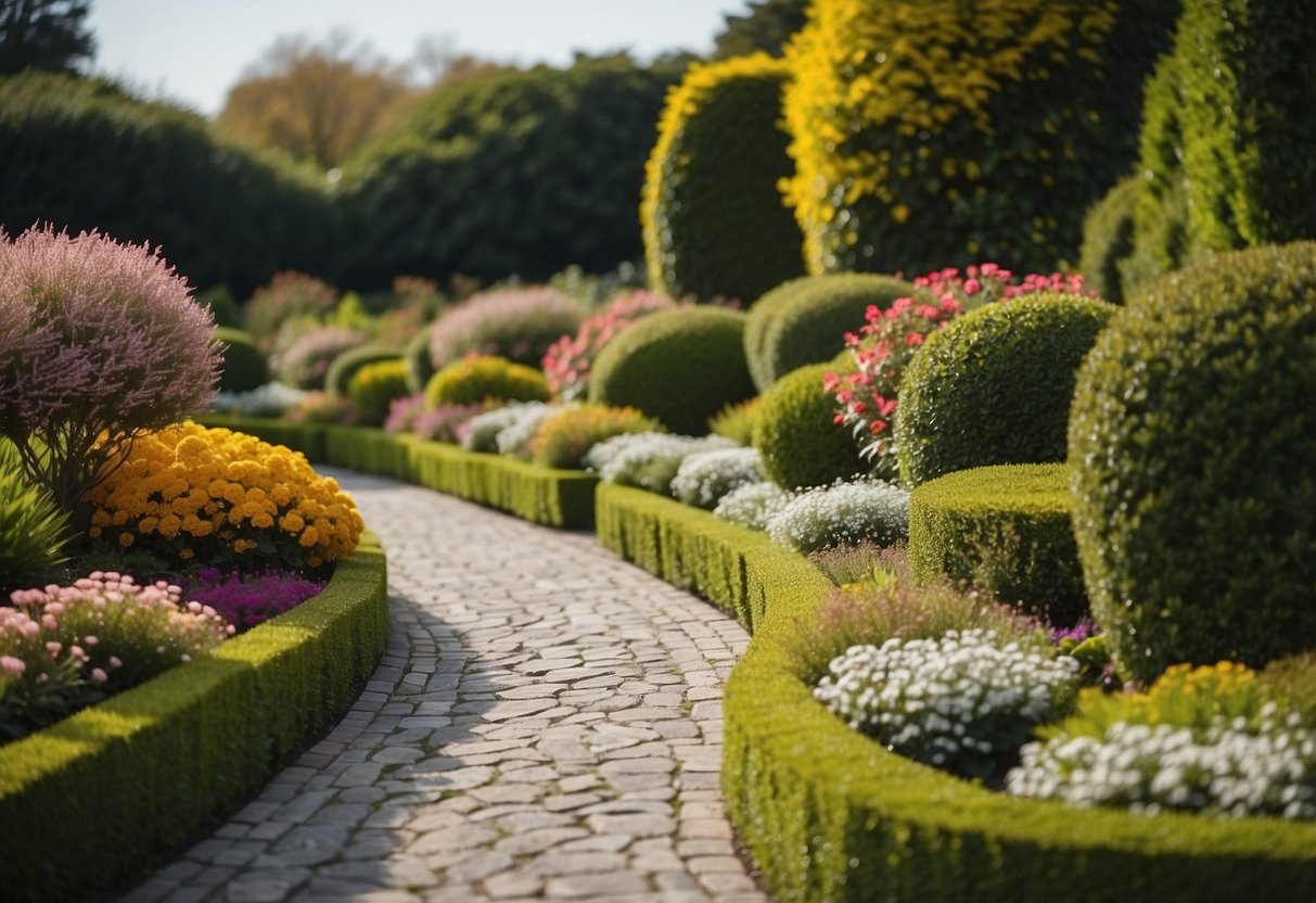 A serene garden with neatly trimmed hedges, colorful flower beds, and a winding stone pathway leading to a cozy seating area