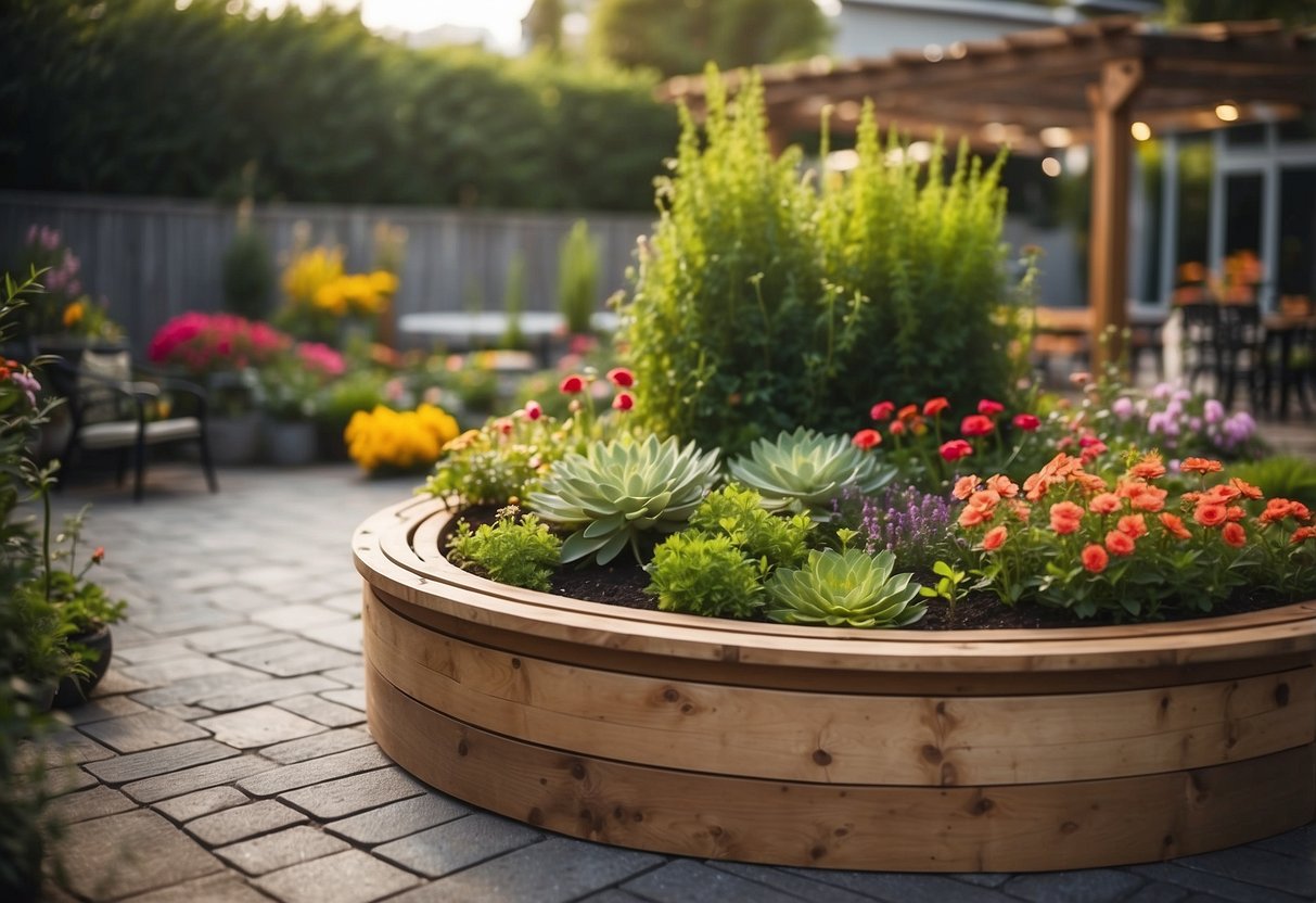 A circular raised bed planter sits in the center of a patio, surrounded by vibrant flowers and greenery, creating a beautiful and functional garden space