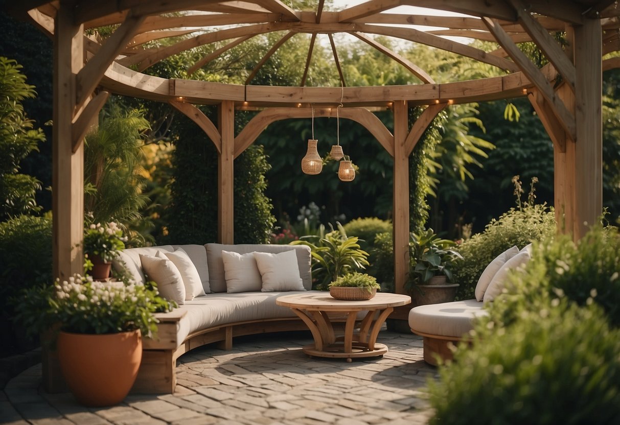 A round pergola frames a cozy seating area in a lush circular patio garden