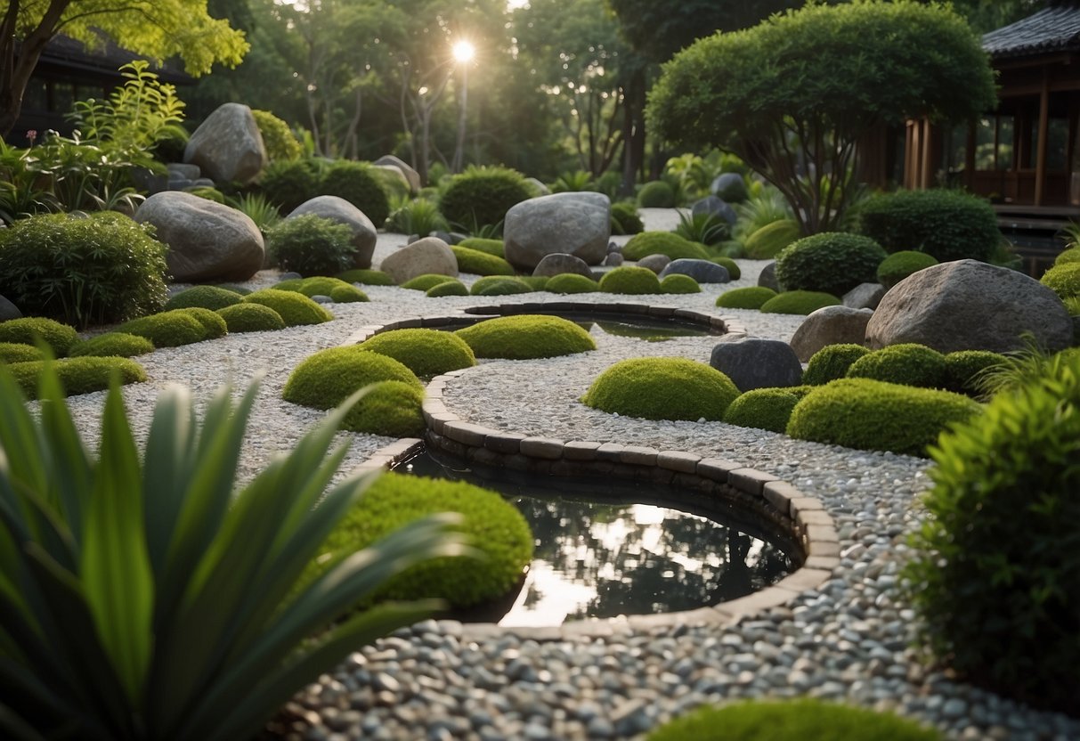 A circular Zen garden with raked gravel, stepping stones, and carefully placed rocks, surrounded by lush greenery and a tranquil water feature