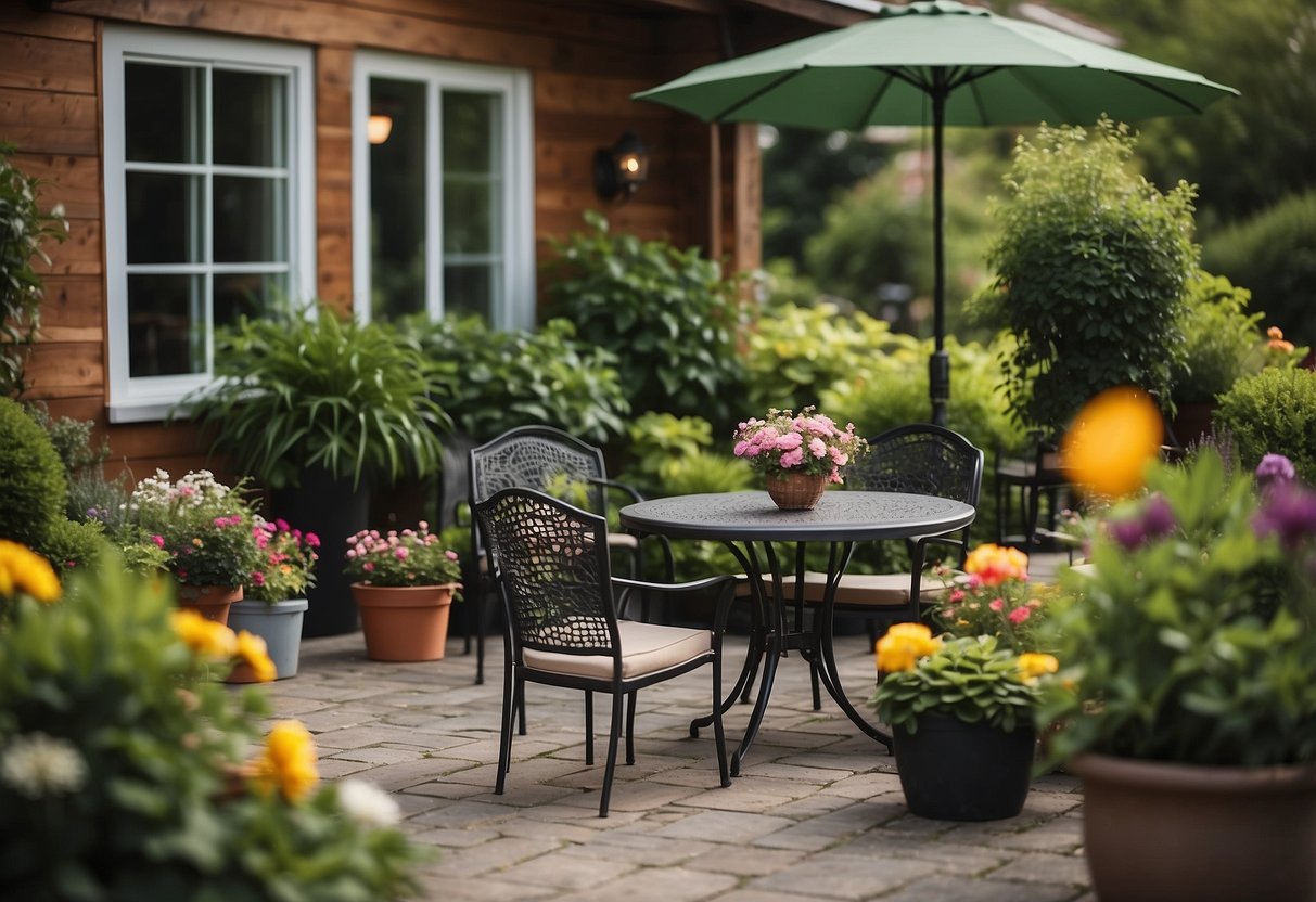 A circular patio with a bistro set surrounded by lush greenery and colorful flowers