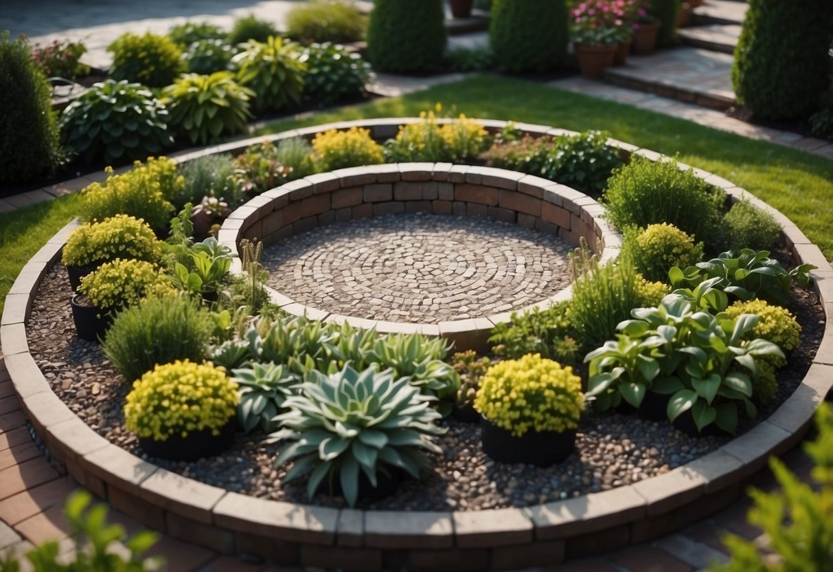 A variety of plants arranged in a circular pattern around a patio, with different heights and colors creating a visually appealing garden