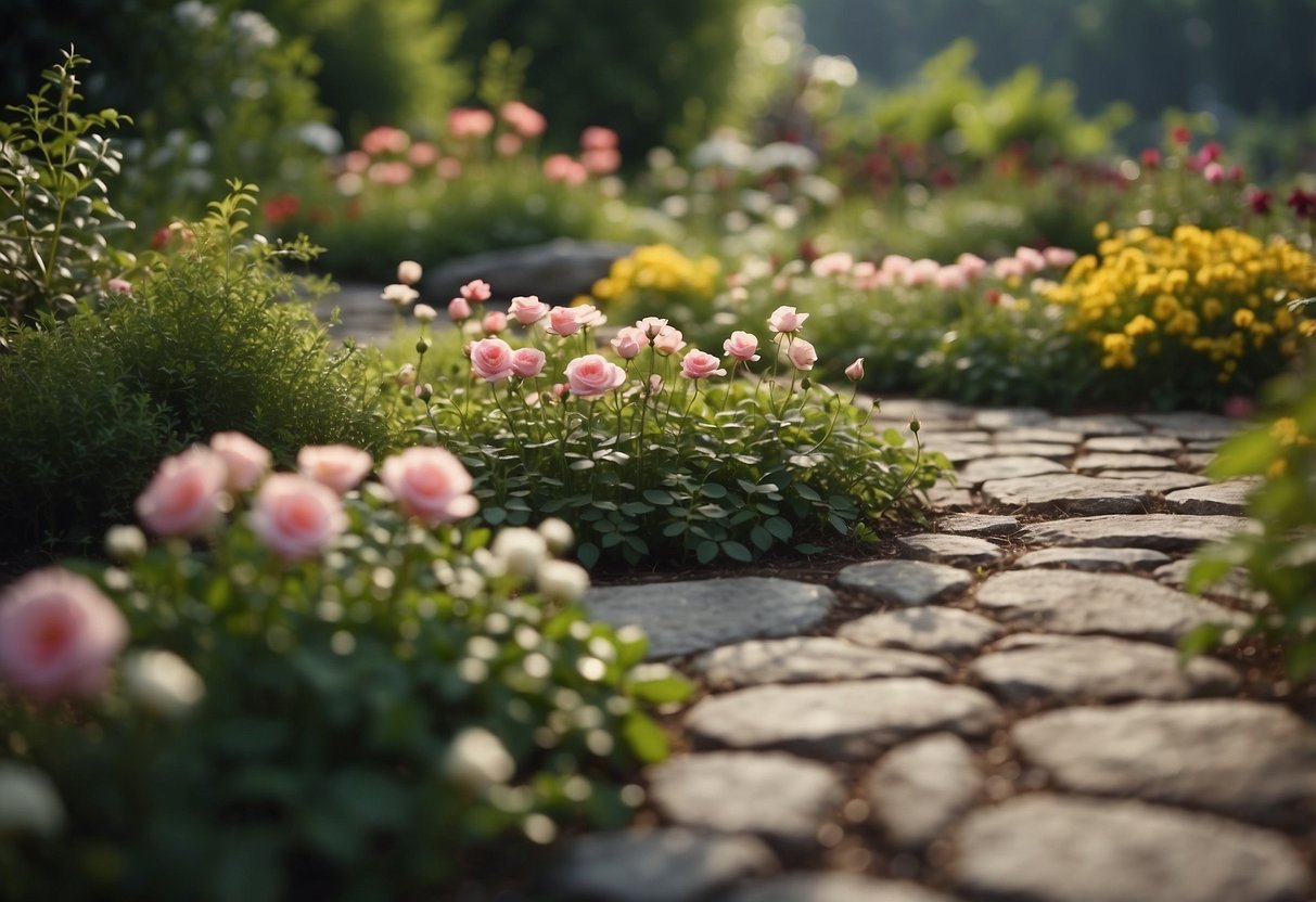 A small circle flower garden with miniature roses in bloom, surrounded by lush greenery and a winding stone path