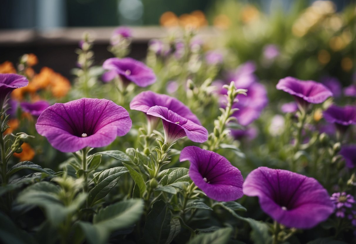 A small round flower garden with colorful blooms and a central circle of petunias