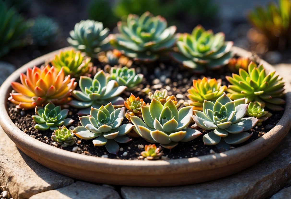 A small circle garden with vibrant sunburst succulents in full bloom