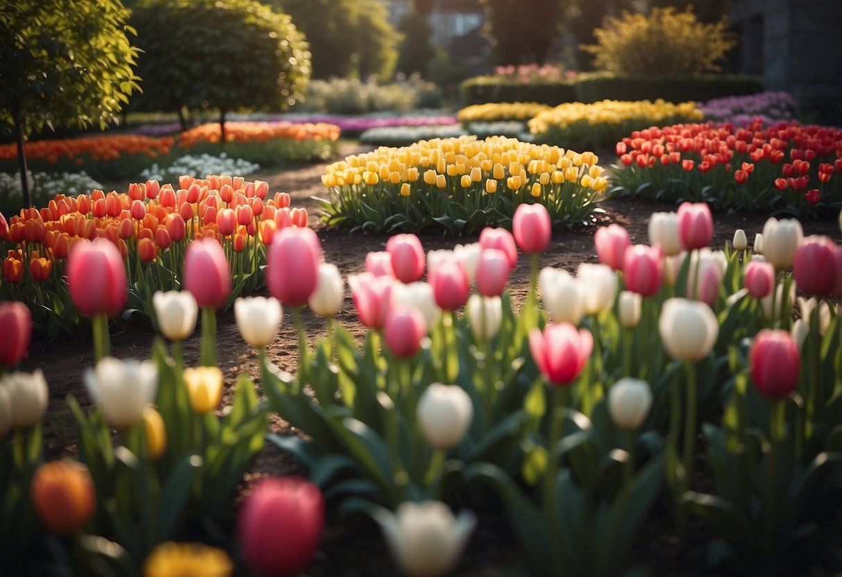 A small circular garden filled with swirling tulips in various colors and sizes