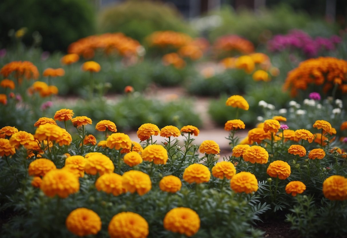 A circular garden with marigolds in full bloom, radiating outwards like a mandala, surrounded by lush greenery