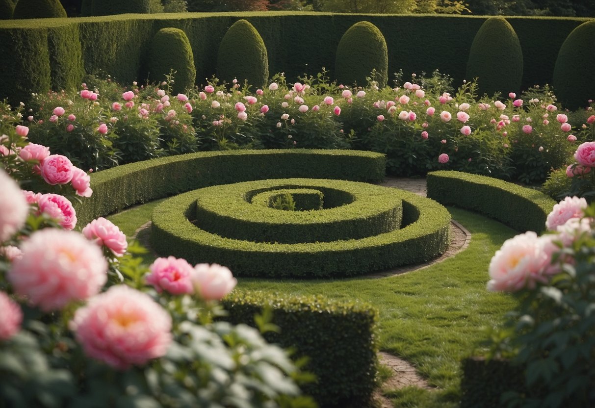 A circular garden with peonies in full bloom, surrounded by a low hedge