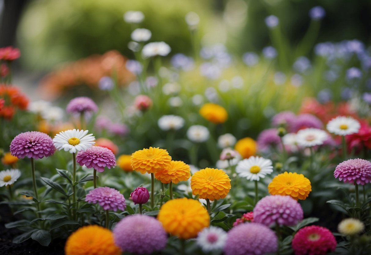 A small circular flower garden with a variety of colorful blooms arranged in a harmonious and balanced pattern, following design principles of symmetry and proportion