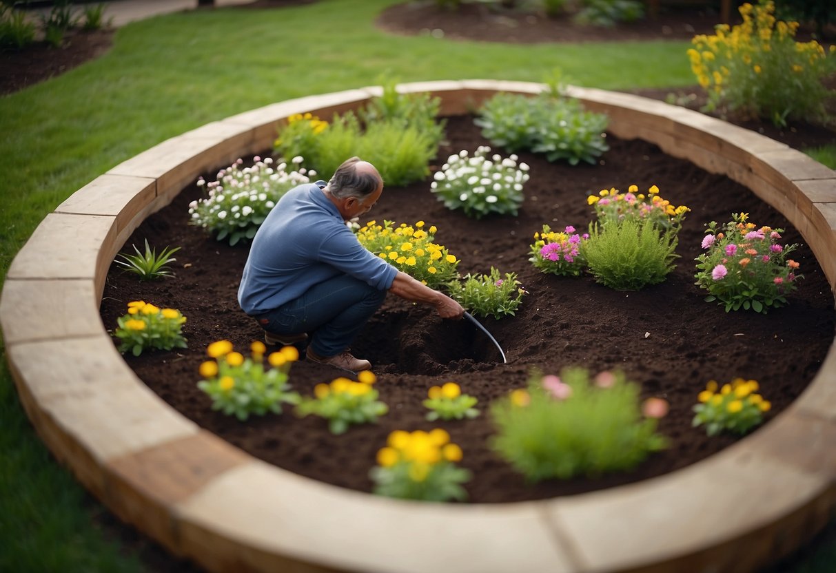 A gardener carefully digs small holes, plants colorful flowers in a circular pattern, and waters them in a neatly arranged garden bed