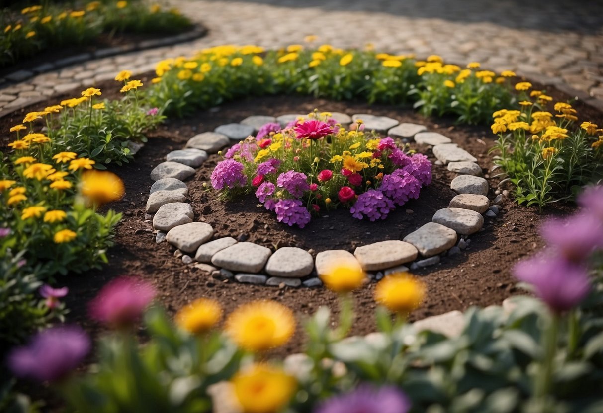 A small circle flower garden with colorful blooms, neatly arranged in a symmetrical pattern, surrounded by a border of decorative stones and mulch