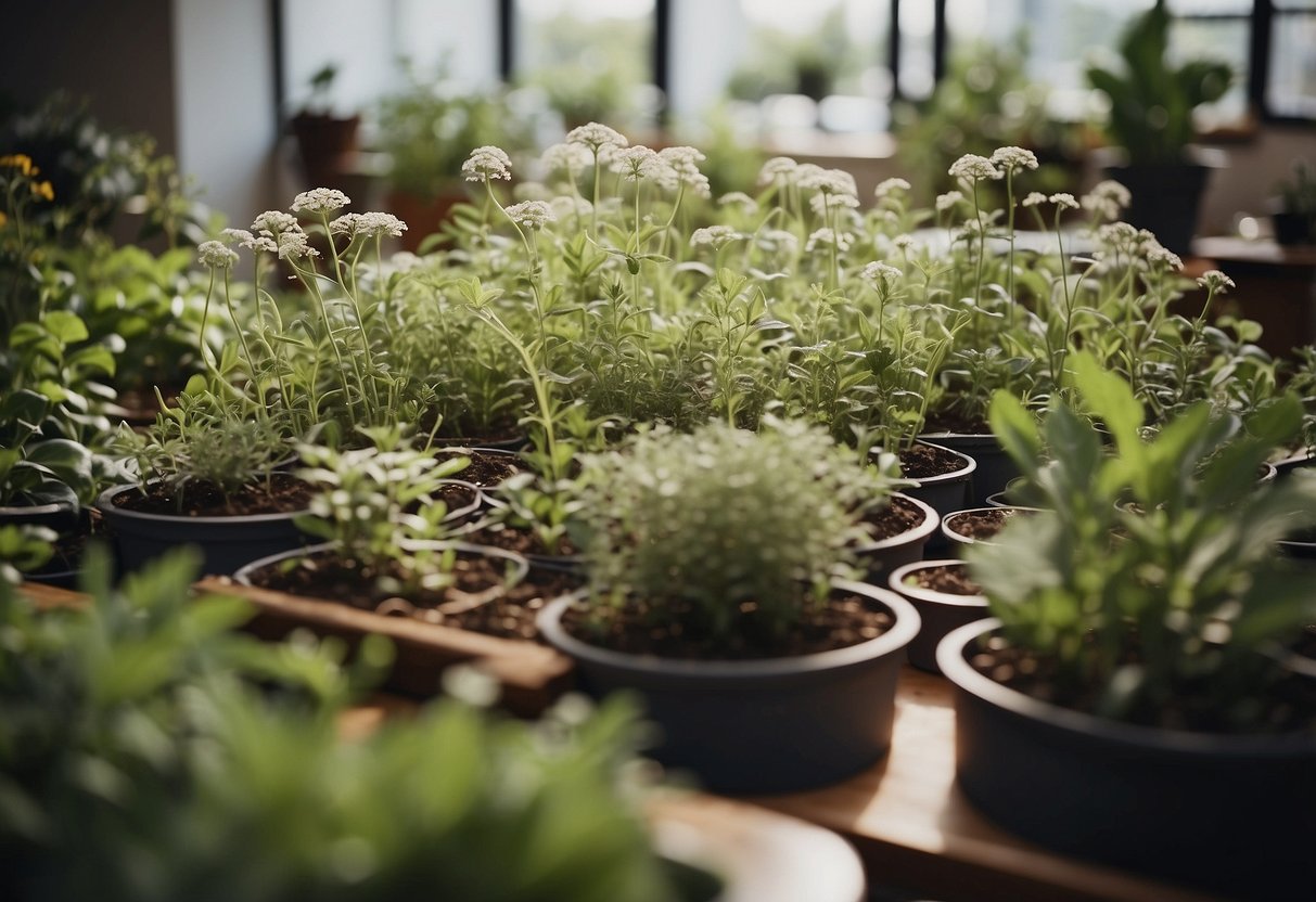 A spiral garden with various herbs in a classroom setting