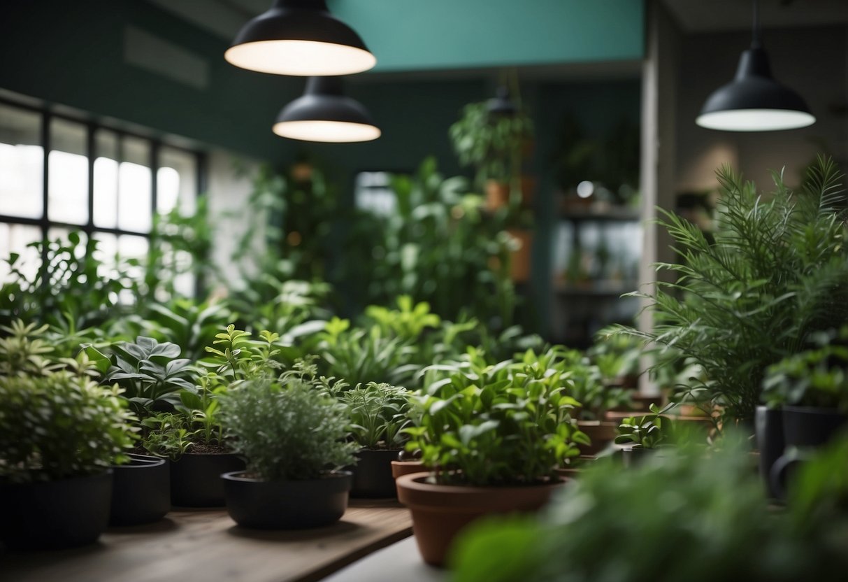 Lush green plants arranged in a classroom garden, with colorful sensory elements like textured leaves and fragrant herbs