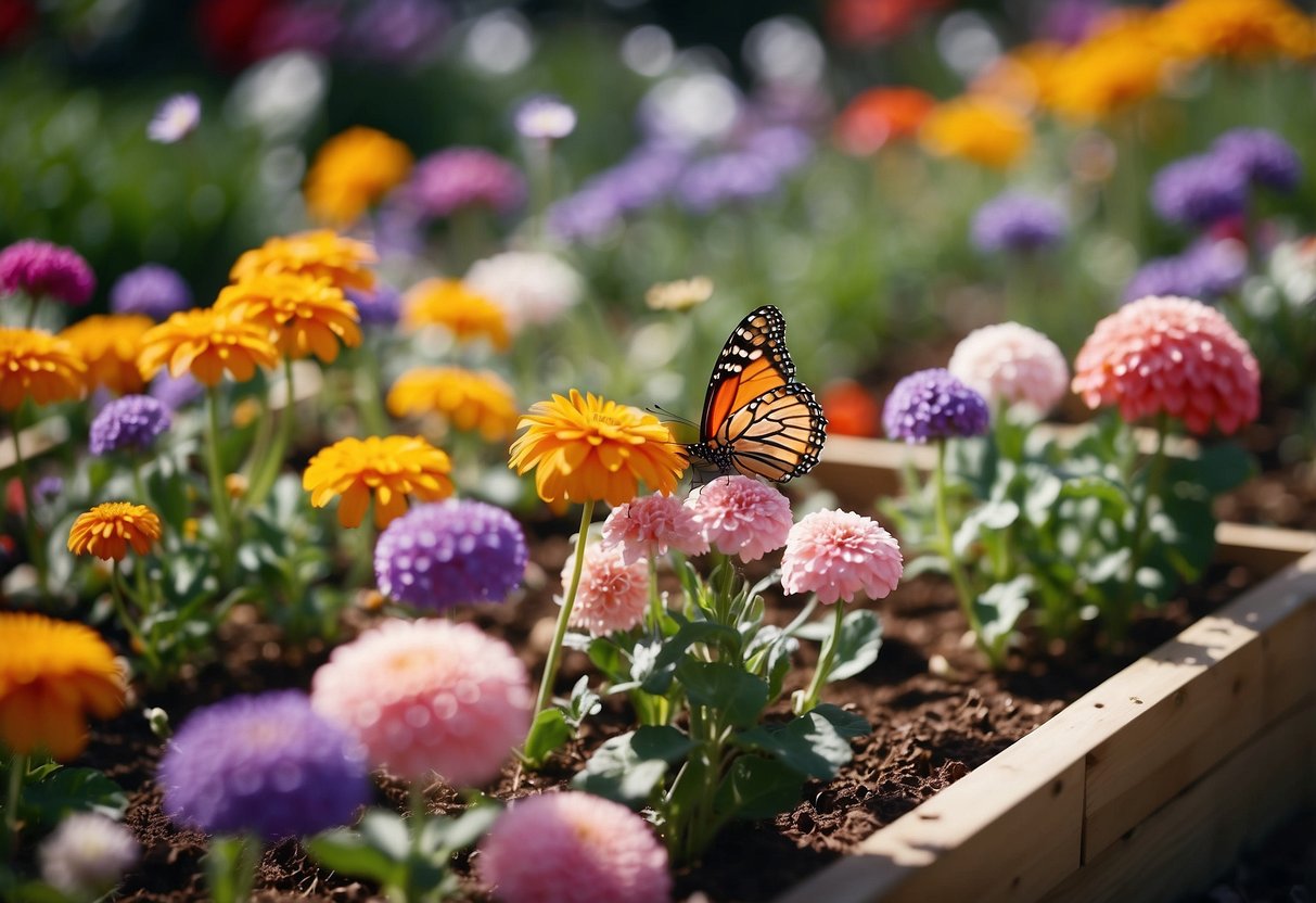 A colorful array of flowers bloom in raised beds, attracting fluttering butterflies in a vibrant classroom garden