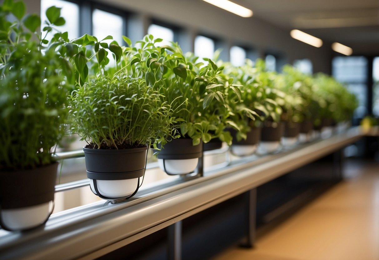 A classroom wall with hydroponic herb garden, featuring various plants in vertical rows, with a built-in watering system