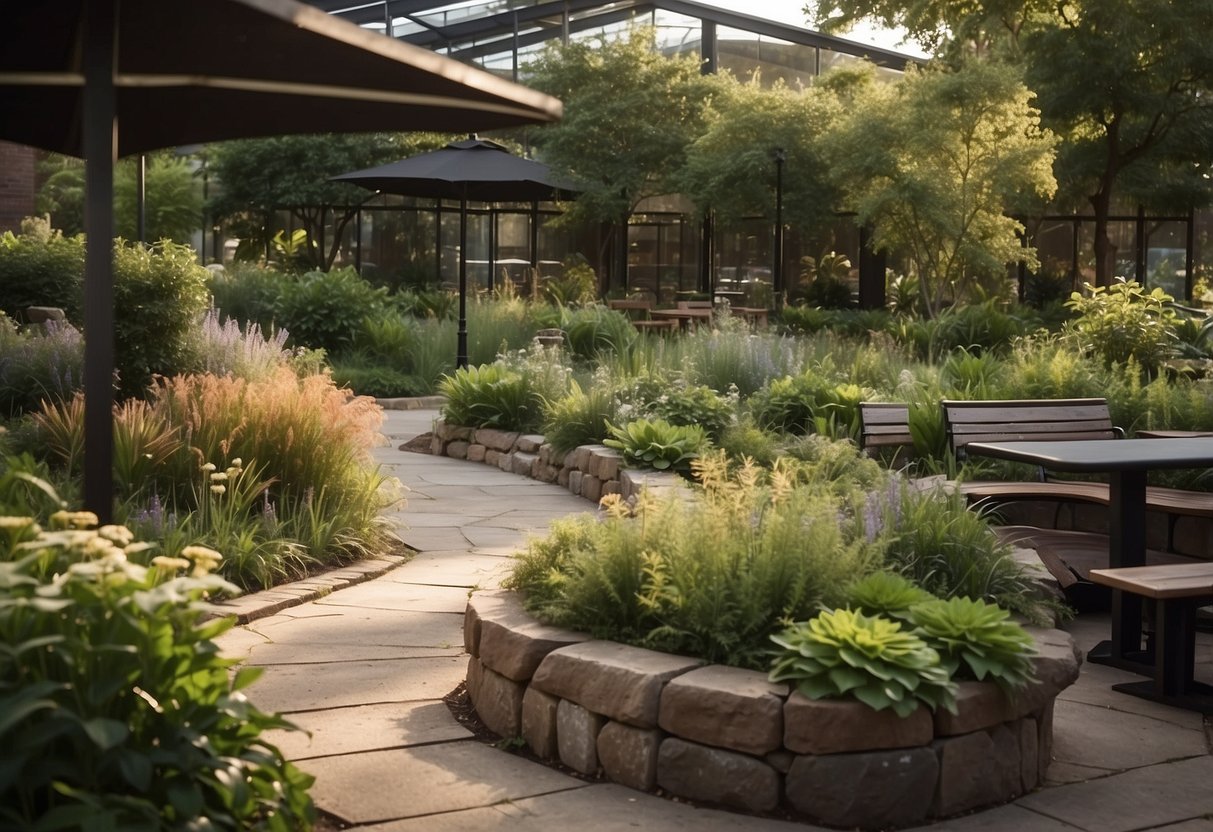 Lush garden with native plants, labeled signs, and seating area for students