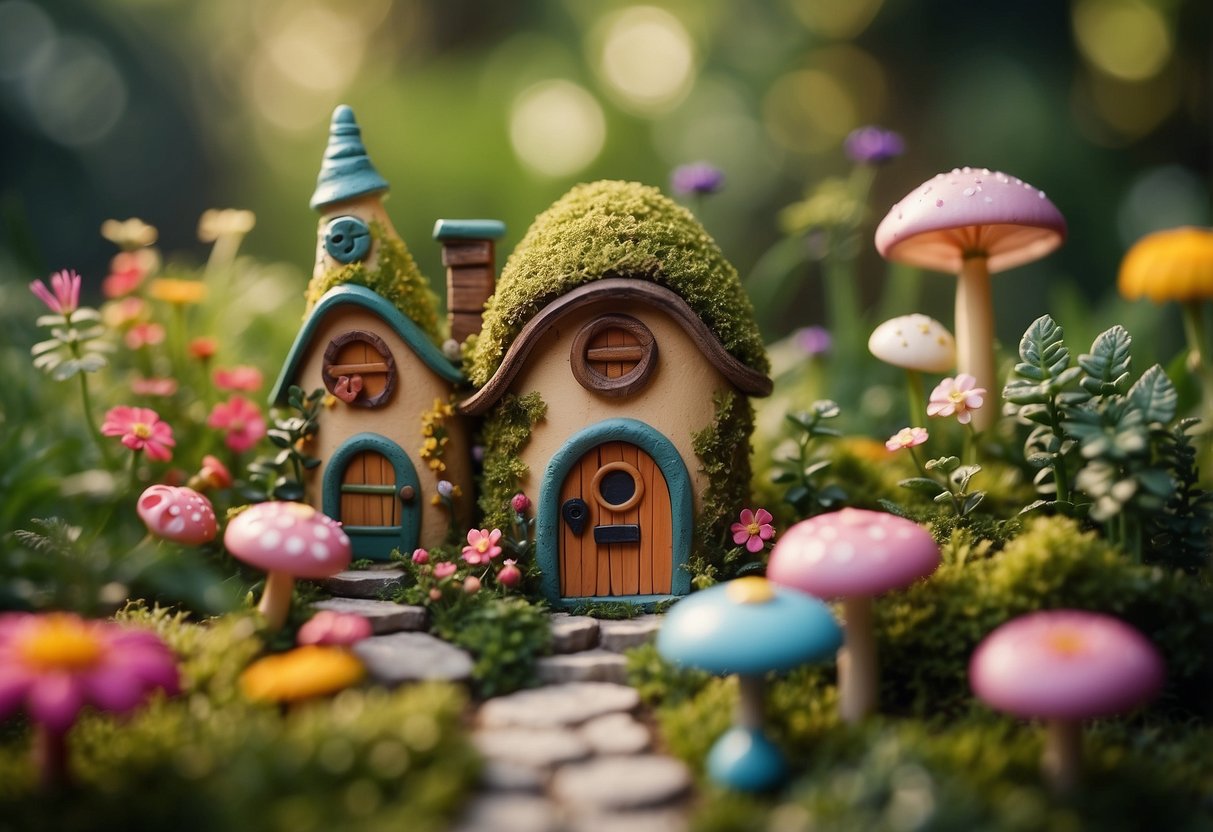 A whimsical fairy garden with tiny doors, surrounded by colorful flowers and lush greenery