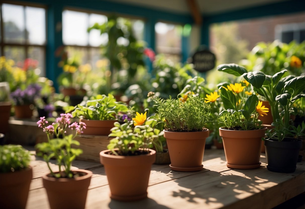 Lush green plants thrive in a sunlit classroom garden, surrounded by colorful educational signs and tools. Students eagerly tend to the vibrant vegetables and flowers, learning valuable lessons in sustainability and responsibility