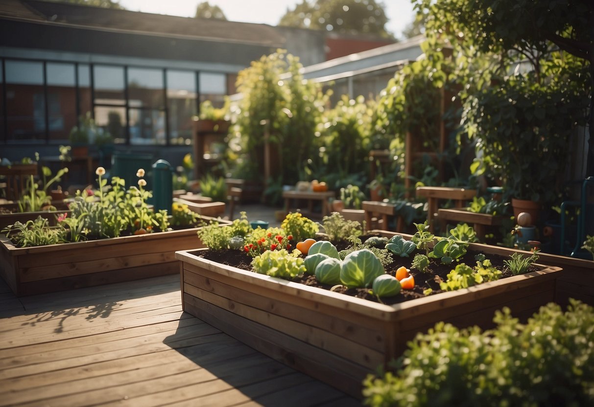 A small classroom garden with raised beds filled with colorful vegetables, surrounded by children's books and reading nooks