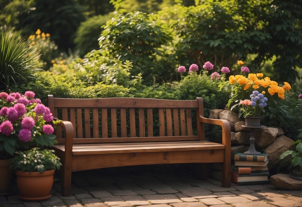 A classic wooden bench nestled in a cozy reading nook surrounded by lush greenery and colorful flowers, with a stack of books and a reading lamp nearby